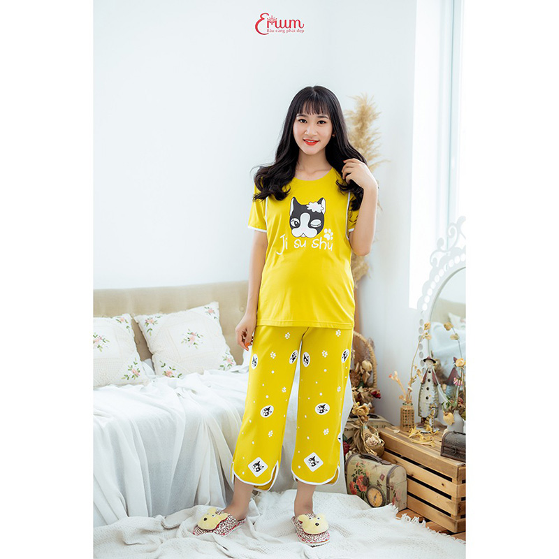 Bộ bầu mặc nhà in mèo vàng Emum