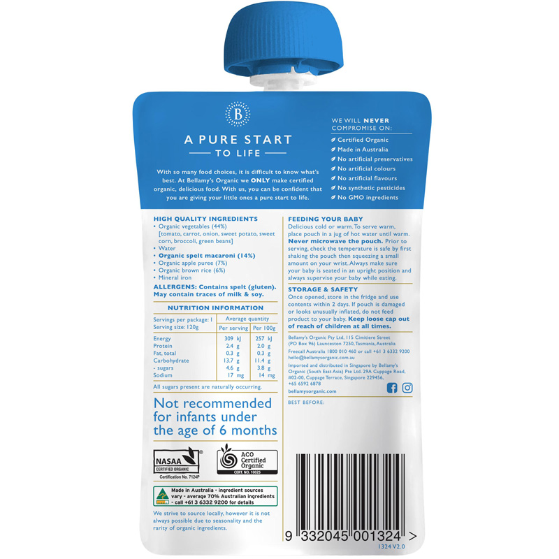 Hỗn hợp ăn dặm rau quả, nui Bellamy's Organic