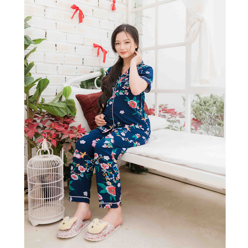 Bộ bầu pyjama lụa tay ngắn quần dài xanh đen Emum