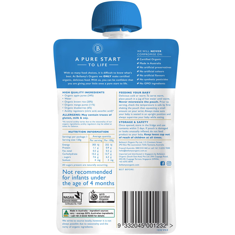 Hỗn hợp ăn dặm việt quất, xoài, táo Bellamy's Organic
