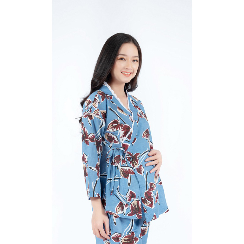 Bộ bầu yukata phối viền ren xanh Emum