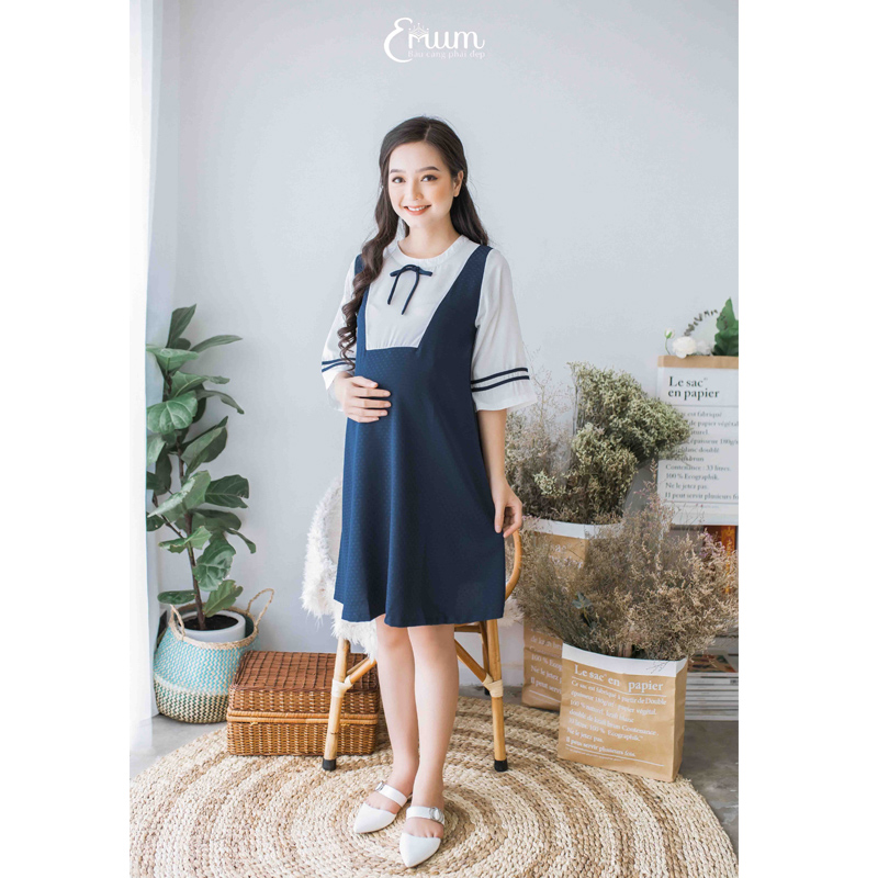 Đầm bầu cổ nơ phối trắng Emum