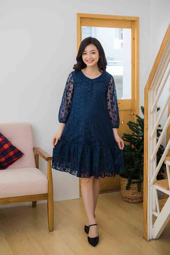 đầm bầu ren xanh phối nút ngực Emum