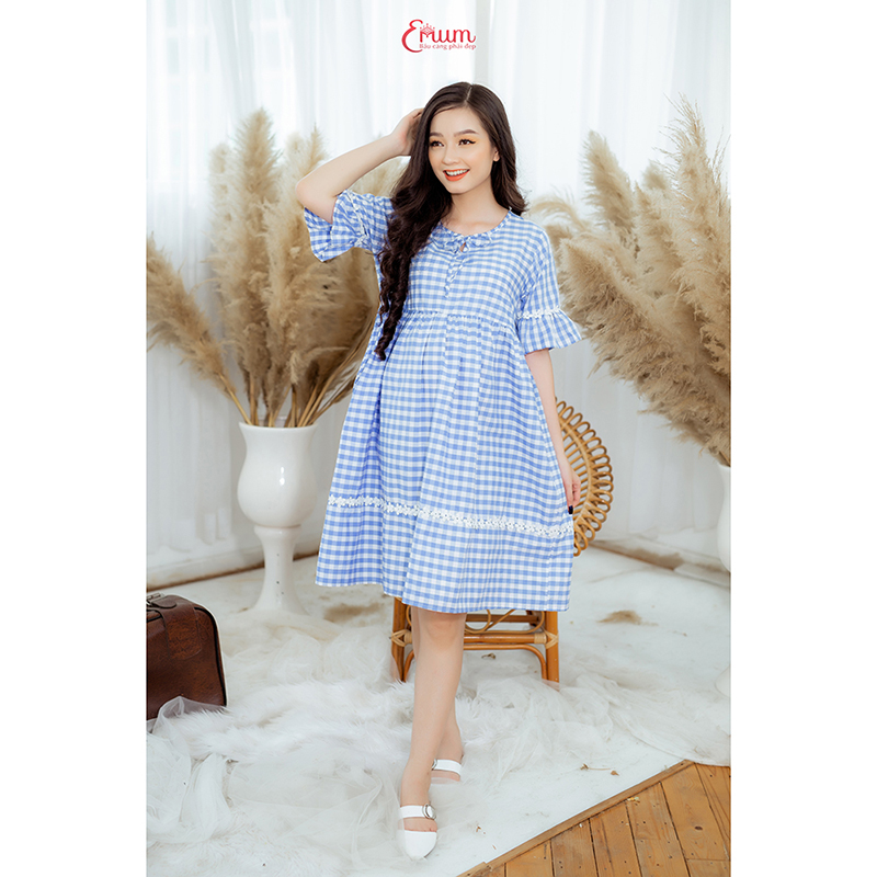 Đầm bầu caro xanh biển Emum