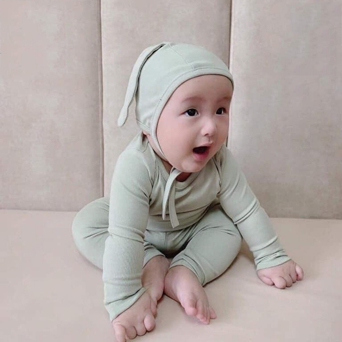 Bộ thun dài tay cạp cao có mũ tai thỏ Minky Mom