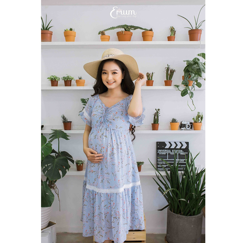 Đầm bầu phối ren nhún ngực xanh da trời Emum