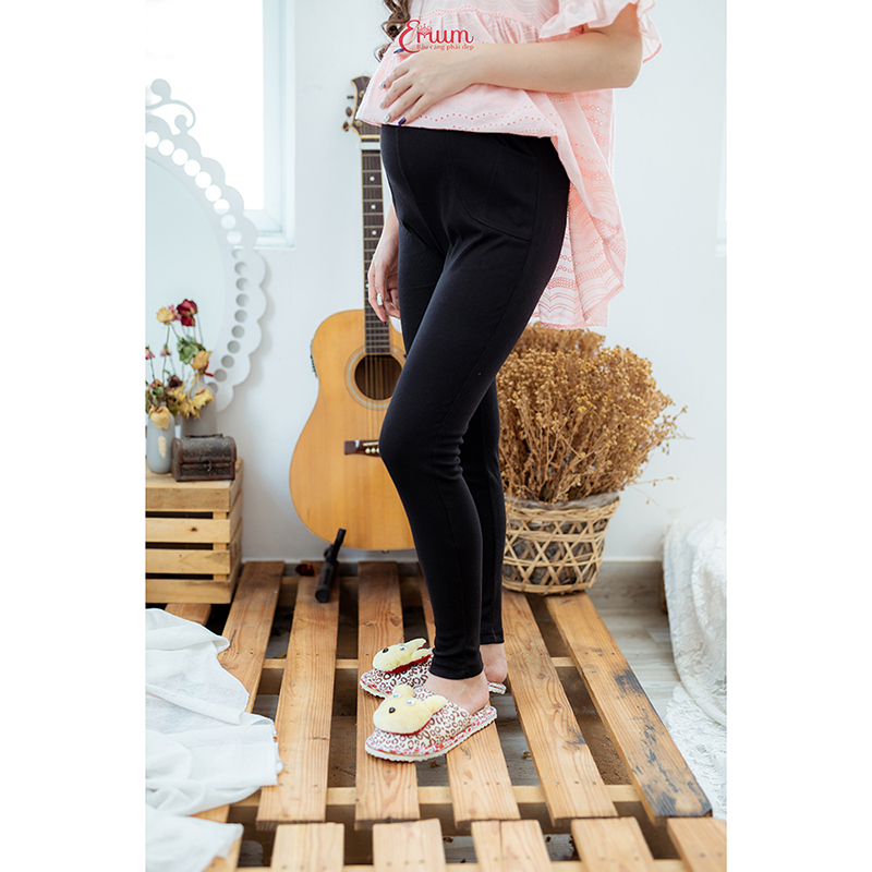 Quần bầu legging dài trơn không túi đen Emum