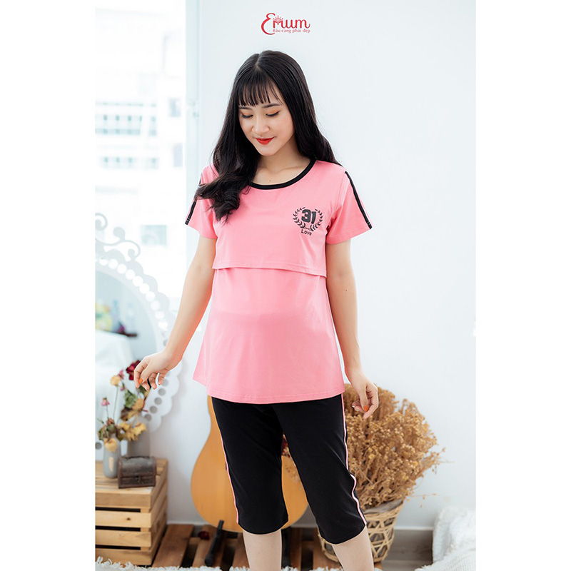 Bộ bầu mặc nhà sọc hồng ruốc Emum
