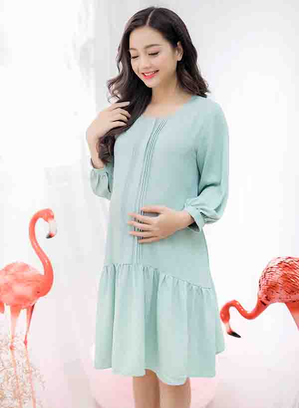 Đầm bầu vải đũi cổ tròn tay dài xếp ly xanh Emum