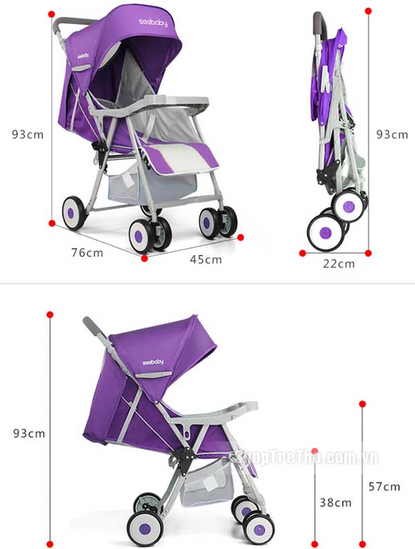 Kích thước chi tiết của xe đẩy Seebaby QQ3 khi bình thường và khi gấp gọn
