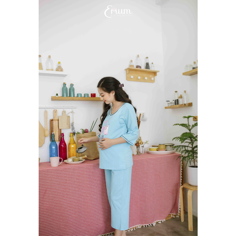 Bộ bầu cổ tim in ly xanh Emum
