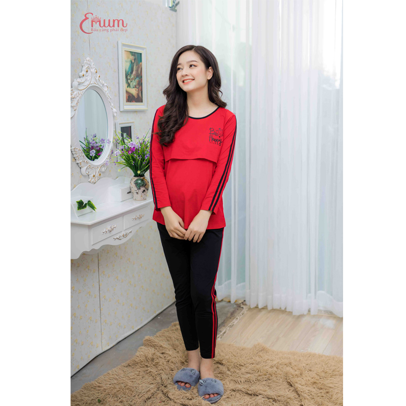 Bộ bầu cho bé ti tay dài in happy đỏ Emum
