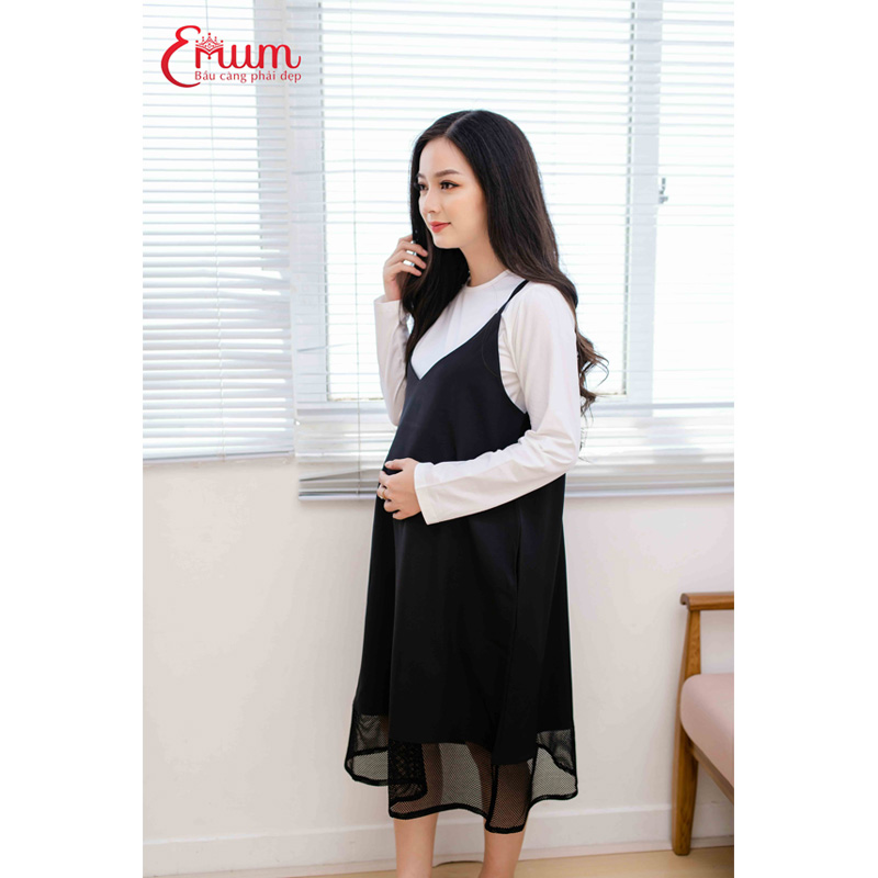 Đầm bầu 2 dây lưới phối áo lót trắng Emum