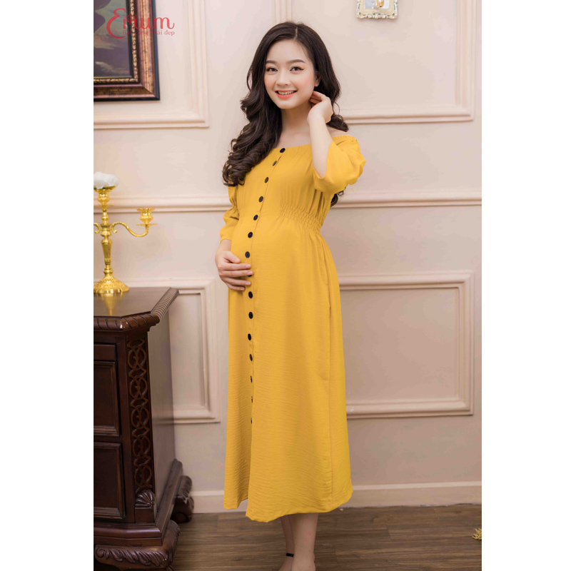 Đầm bầu nẹp nút tay nhún thun vàng Emum