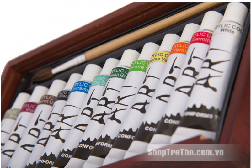 Hộp gỗ 12 tuýp màu vẽ Acrylic
