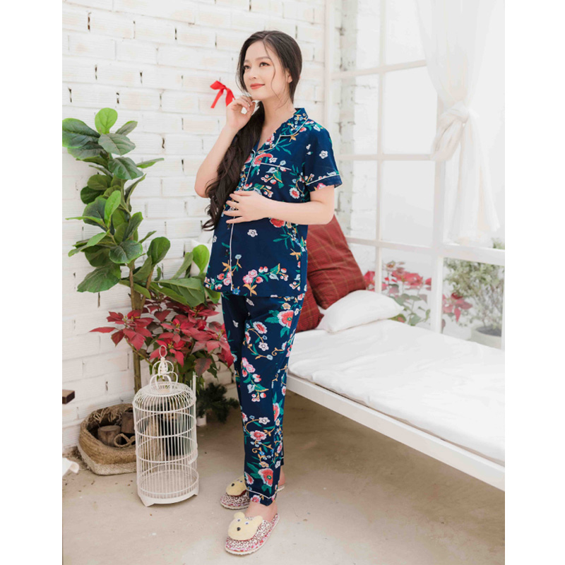 Bộ bầu pyjama lụa tay ngắn quần dài xanh đen Emum
