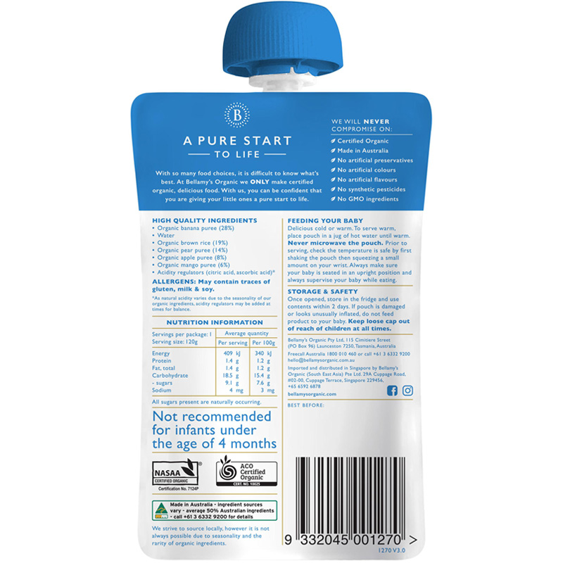 Hỗn hợp ăn dặm chuối, lê, táo, xoài Bellamy's Organic