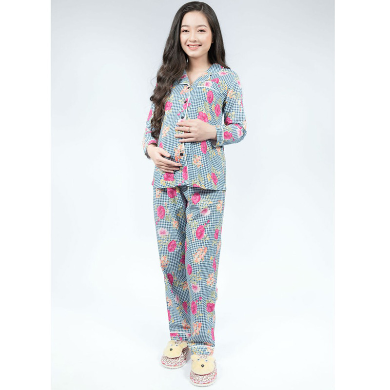 Bộ bầu pyjama kate tay dài quần dài caro Emum