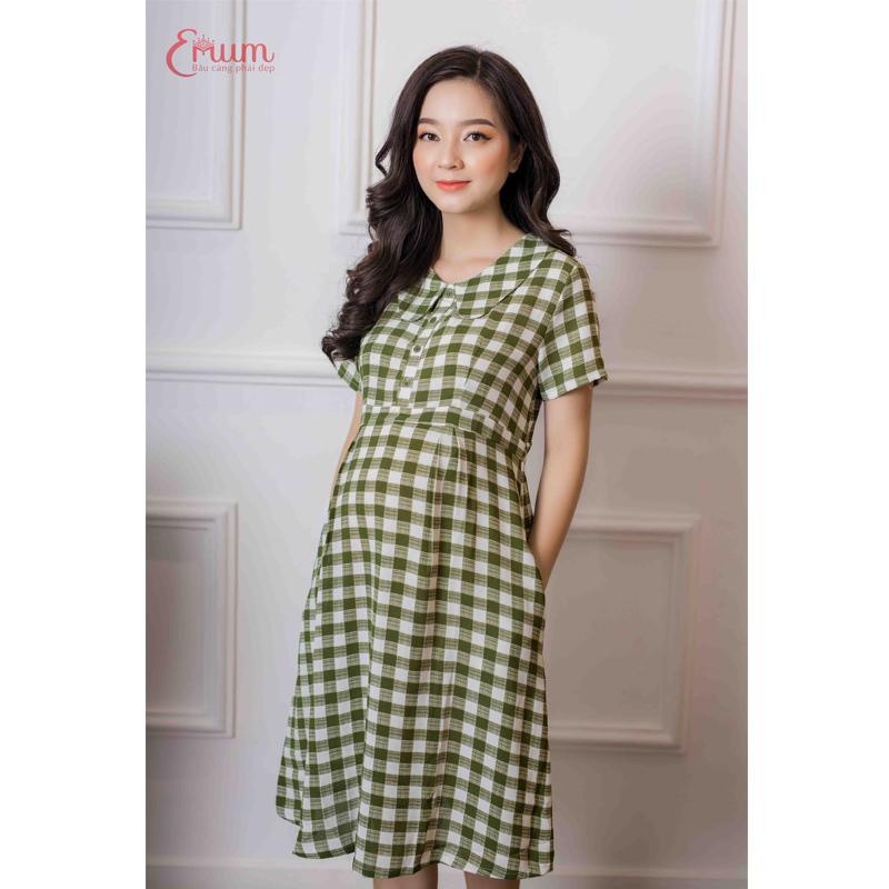 Đầm bầu tay ngắn sọc ca rô xanh rêu Emum