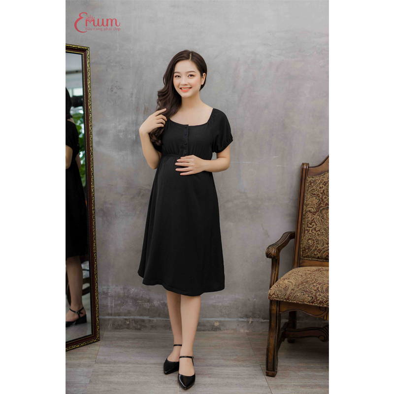Đầm bầu tay ngắn nhún thun đen Emum
