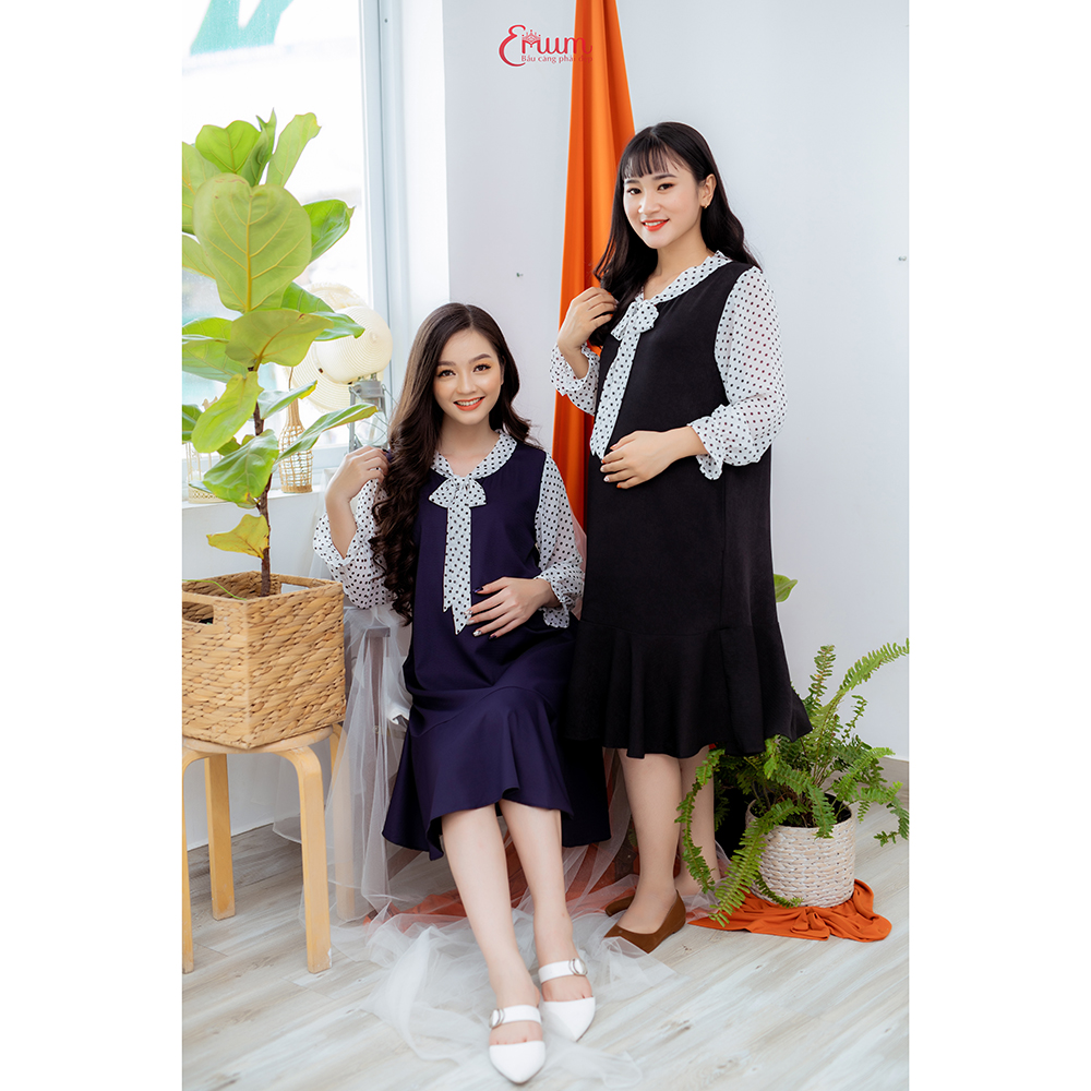 Đầm bầu tay dài phối bi đen Emum