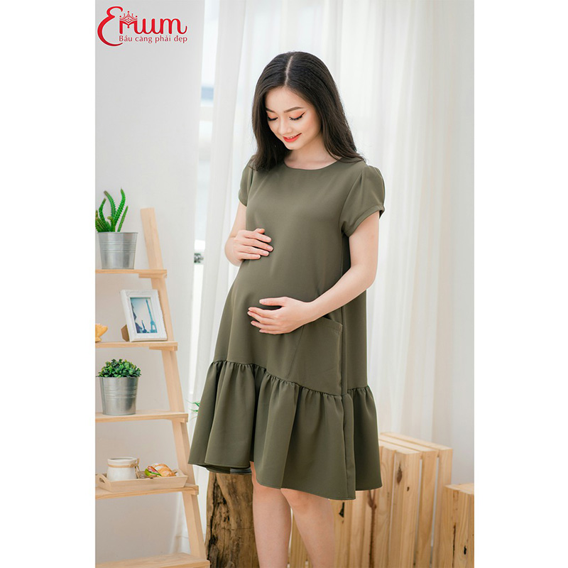Đầm bầu đuôi cá phối túi đắp xanh rêu Emum