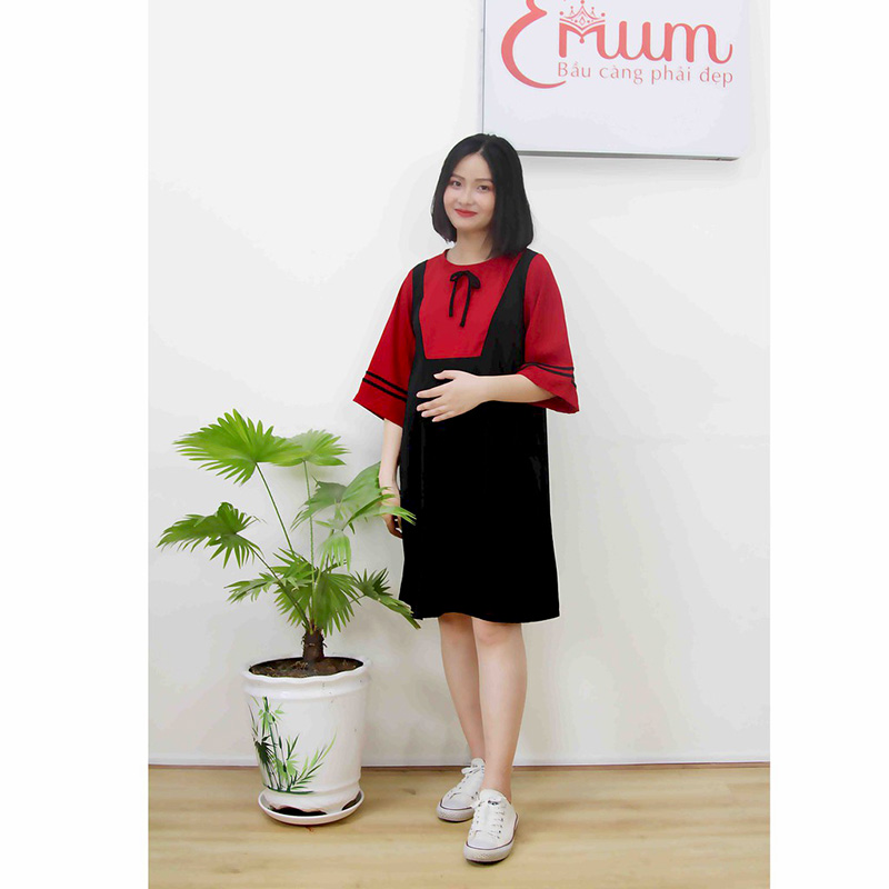 Đầm bầu cổ nơ phối đỏ Emum