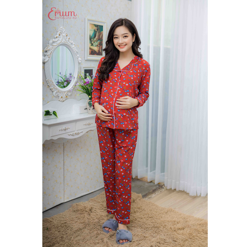 Bộ bầu pyjama tay dài đỏ đô Emum