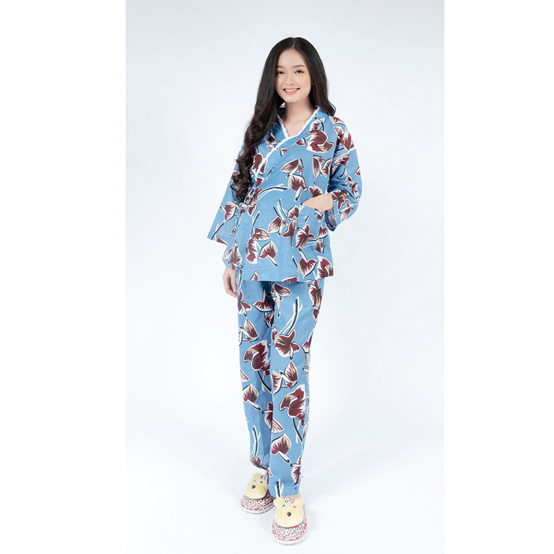 Bộ bầu yukata phối viền ren xanh Emum