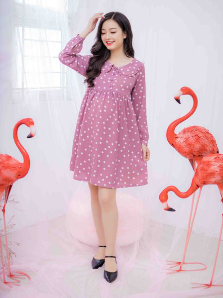 Đầm bầu cổ sen chấm bi tay dài Emum (hồng đất)