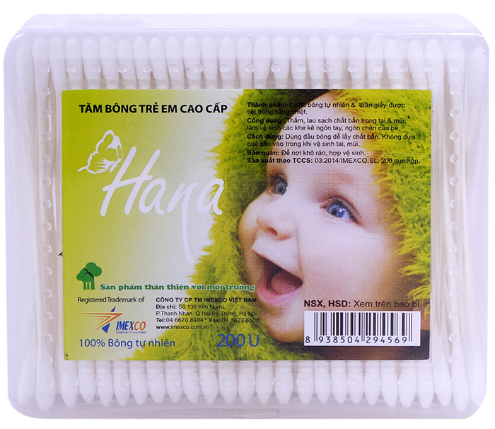 Tăm bông Hana trẻ em hộp chữ nhật - 200 chiếc (lõi giấy) 