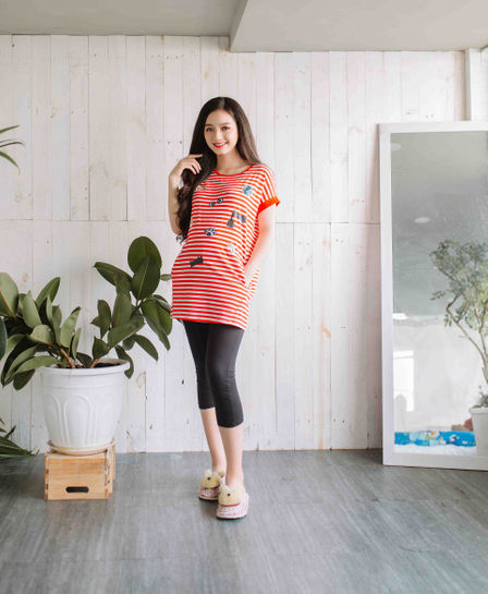 Áo bầu sọc đỏ họa tiết in lụa Emum