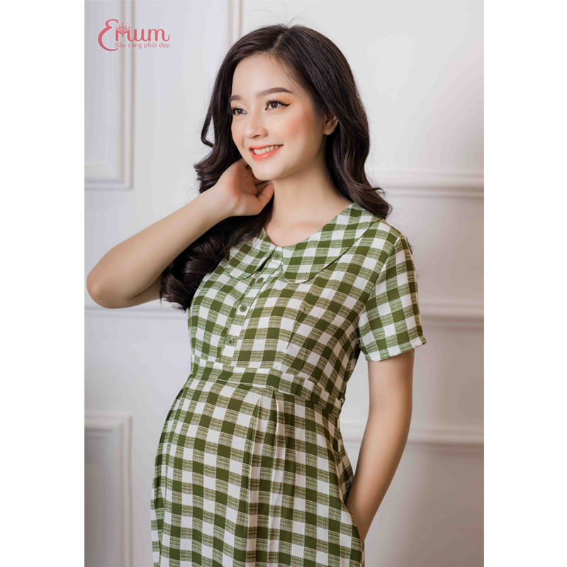 Đầm bầu tay ngắn sọc ca rô xanh rêu Emum