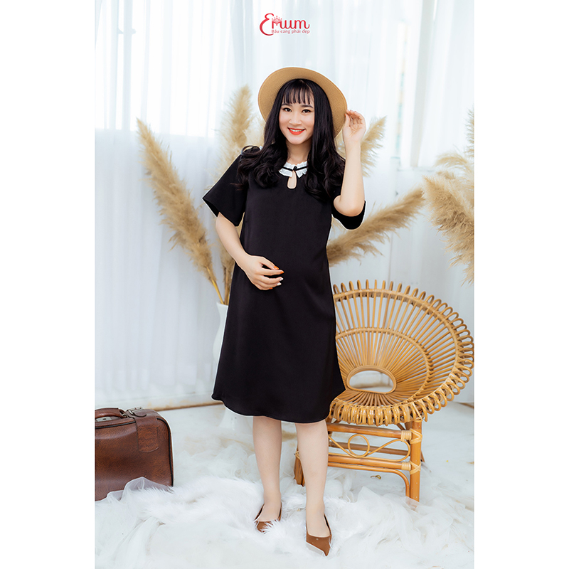 Đầm bầu chữ A phối cổ dập ly trắng Emum