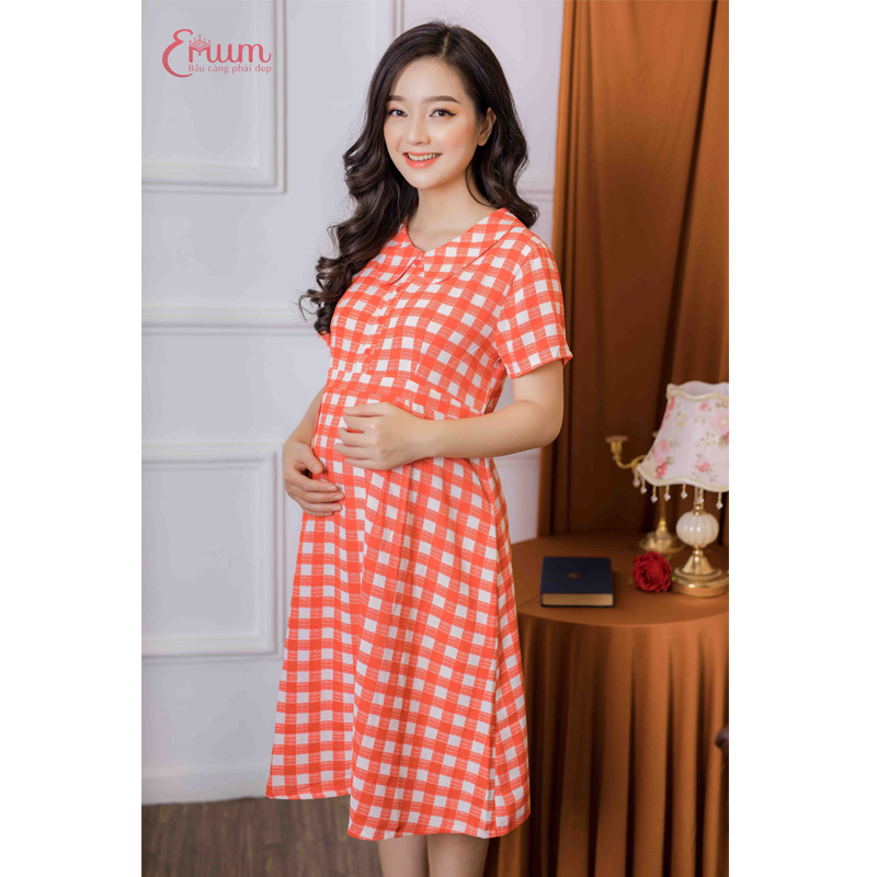 Đầm bầu tay ngắn sọc ca rô đỏ Emum