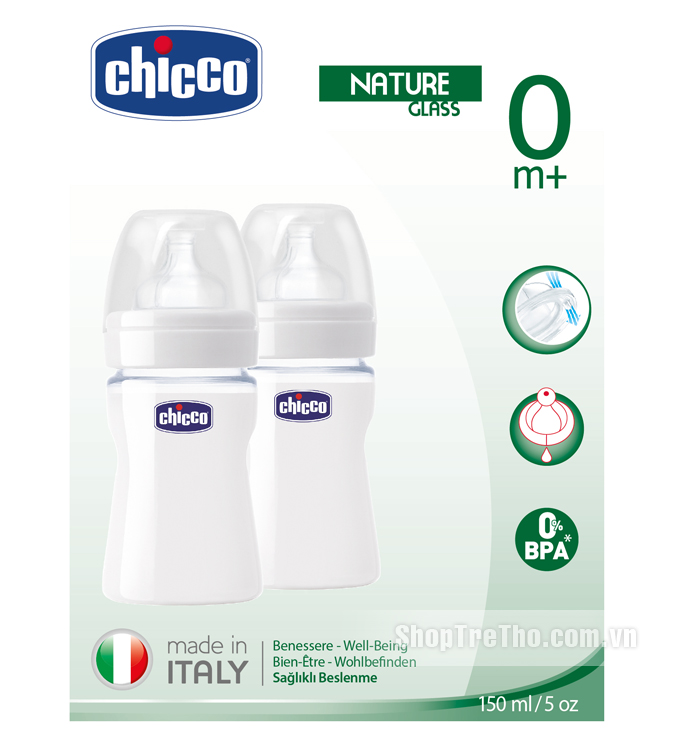 Bộ 2 bình thủy tinh tự nhiên núm silicon 150ml Chicco