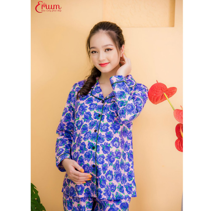 Bộ bầu pyjama kate tay dài quần dài tím Emum