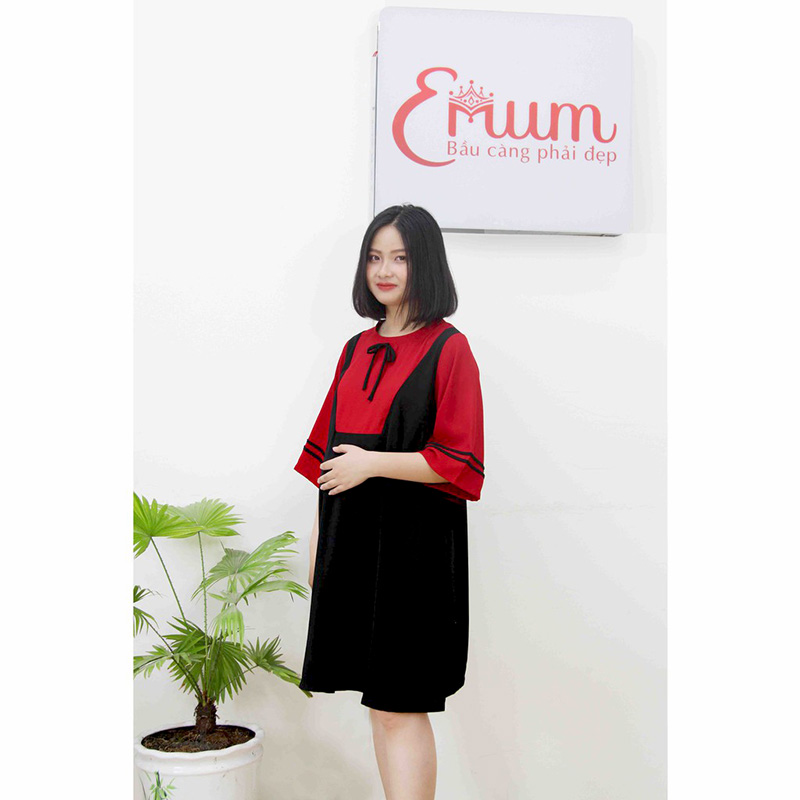 Đầm bầu cổ nơ phối đỏ Emum
