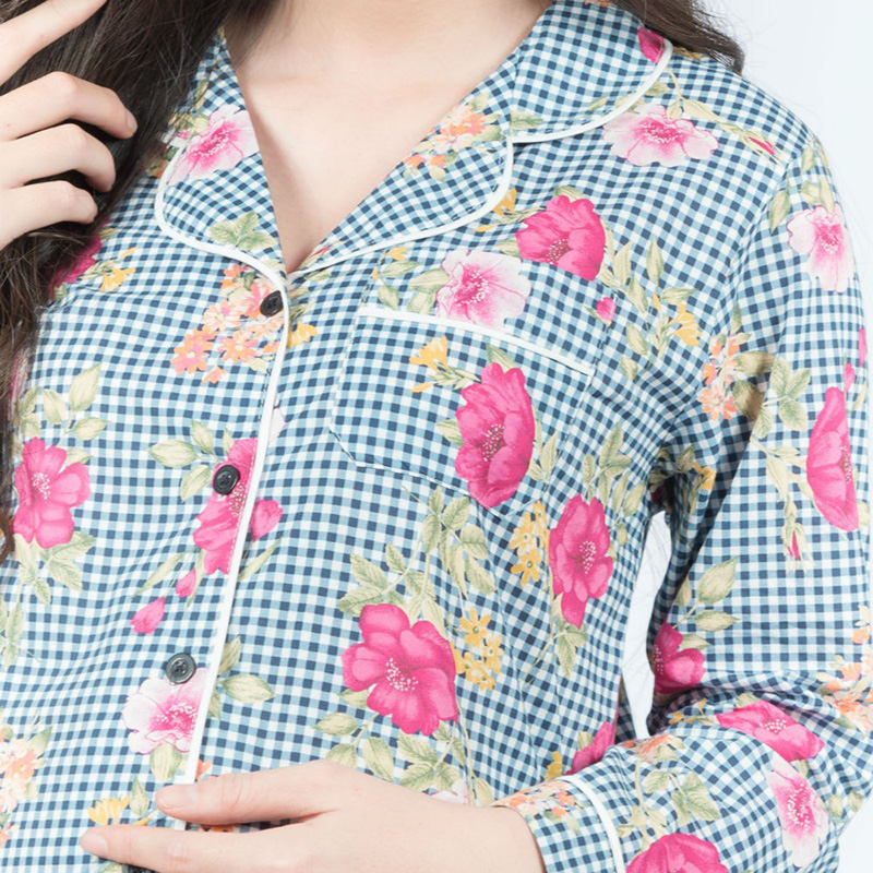Bộ bầu pyjama kate tay dài quần dài caro Emum