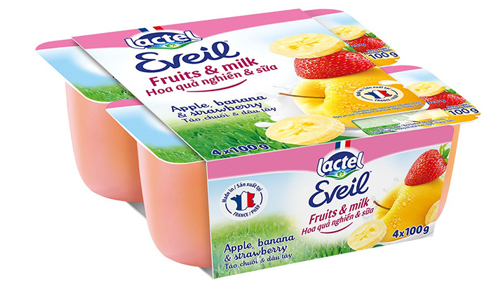 Trái cây nghiền với sữa Eveil vị táo chuối dâu 8M+