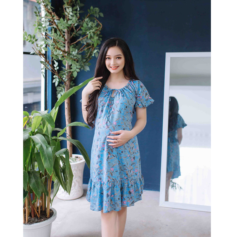 Đầm bầu Jean in họa tiết cổ nút nơ phối bèo nhún xanh đậm Emum