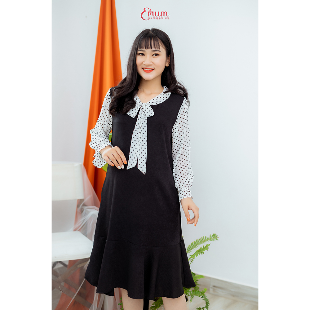 Đầm bầu tay dài phối bi đen Emum