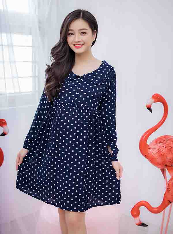 Đầm bầu cổ sen chấm bi tay dài Emum (xanh đen)