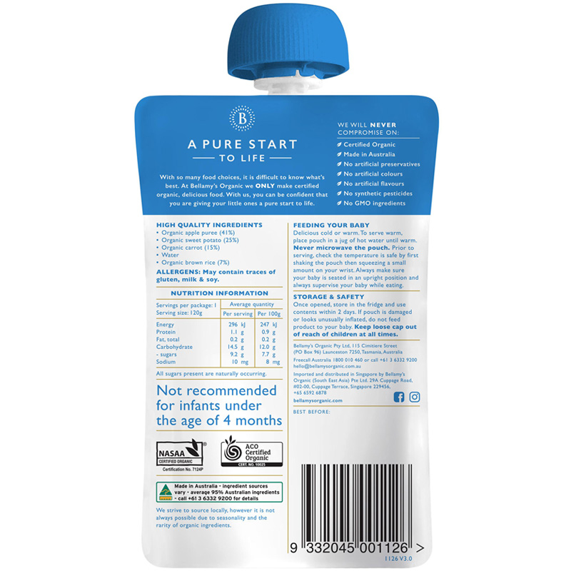 Hỗn hợp ăn dặm khoai lang, cà rốt, táo Bellamy's Organic