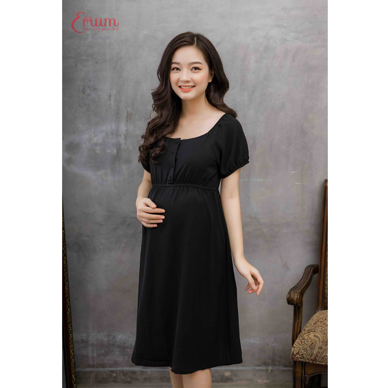 Đầm bầu tay ngắn nhún thun đen Emum