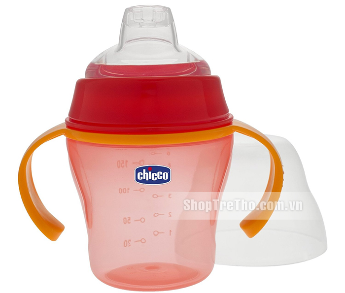 Bình uống nước cam đỏ núm silicon 6m+ Chicco