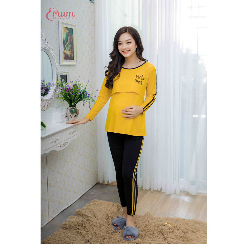 Bộ bầu cho bé ti tay dài in happy vàng Emum