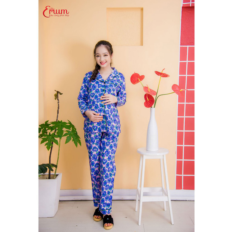 Bộ bầu pyjama kate tay dài quần dài tím Emum