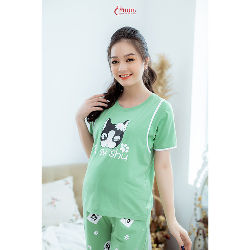 Bộ bầu mặc nhà in mèo xanh Emum