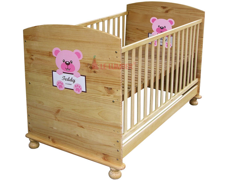 Giường cũi em bé Teddy màu gỗ đầu đặc (nội địa)